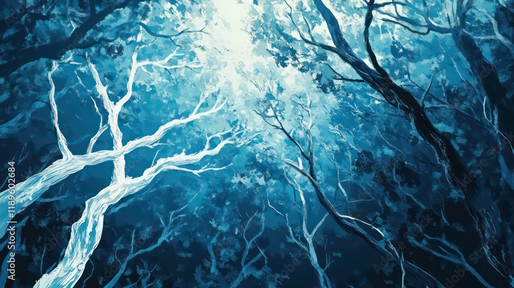 Poster low angle view of a dark blue forest canopy with white tree branches reaching towards a bright light