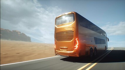 Naklejka premium Touristic bus very fast driving on desert highway. Tourism, travel concept. 3d rendering.