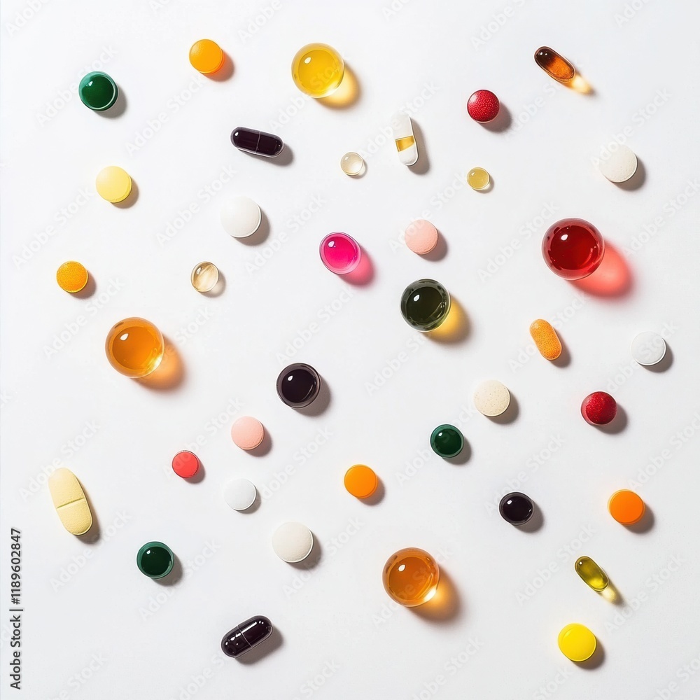 Poster colorful assortment of pills and capsules with various shapes and sizes on a light background. gener