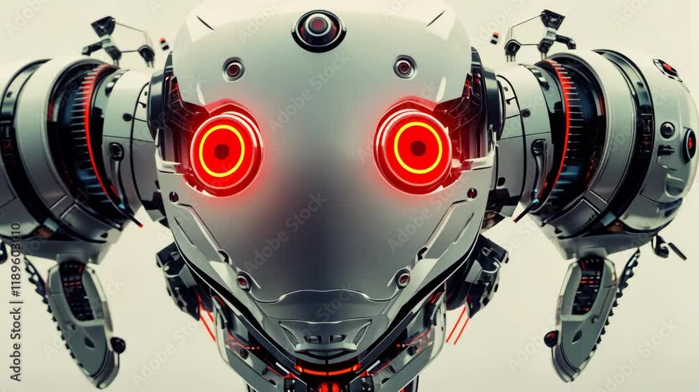 Poster robotic figure with glowing eyes showcasing advanced technology and design elements in a futuristic 