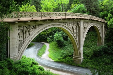 Fototapeta premium Intricate Stone Bridge Spanning a Winding Road in a Lush Forest Setting