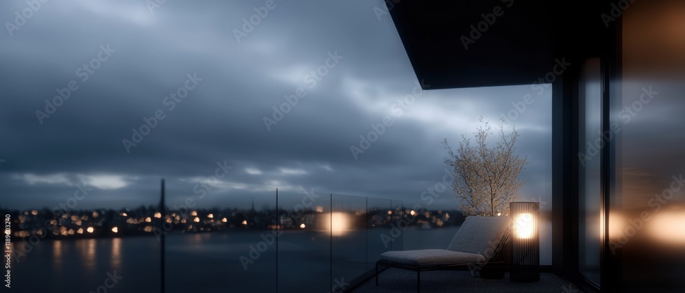 Poster balcony with a view of a city at night. the sky is dark and cloudy, and the city is lit up with colo