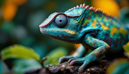 Fototapeta premium Close-up detailed view of a vividly colored chameleon with a complex pattern