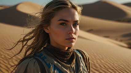 Captivating model posing in a desert landscape near sand dunes under a clear sky during golden hour