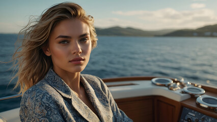 Fototapeta premium Model posing elegantly on a boat during sunset with calm waters and distant mountains
