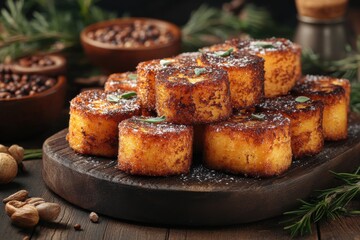 Golden-brown baked treats, dusted with powdered sugar, arranged on a dark wooden board. A delicious and festive dessert.