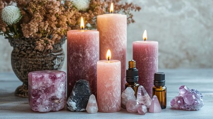 Serene Spa Setting with Pink Candles, Crystals, and Essential Oils