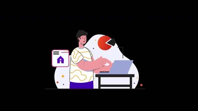 A young European man working on a laptop at a desk, illustrating remote work concepts in a modern cartoon style.