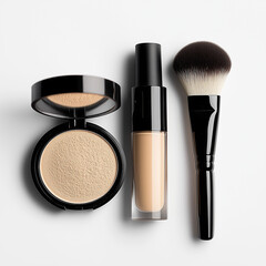 Flat Lay of Makeup Essentials on White Background