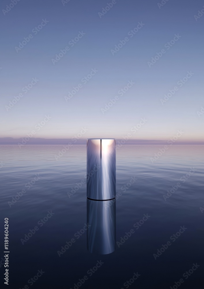 Poster digital illustration of a cylindrical object in the middle of a body of water. the object appears to
