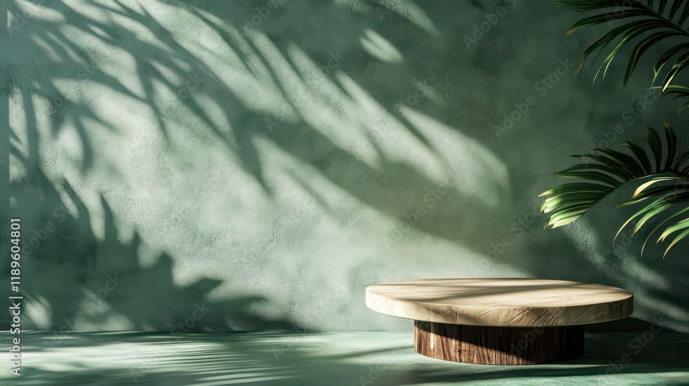 Aufkleber wooden display platform with tropical leaf shadows on a green wall.