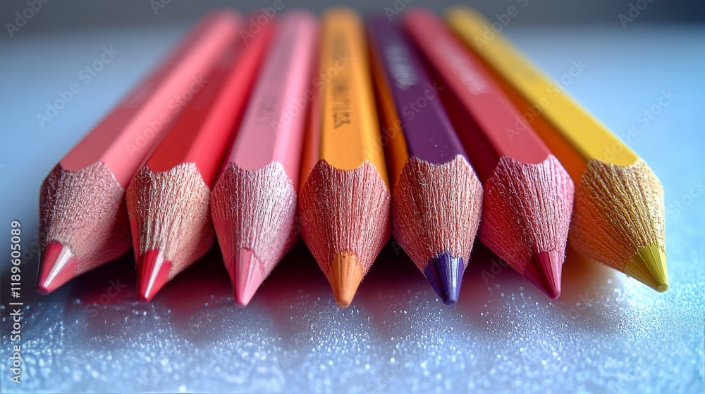 Poster collection of colored pencils arranged in a row with vibrant tips on a smooth surface