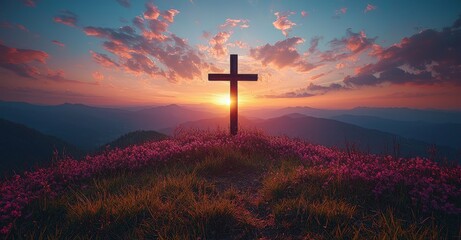 Christmas idea: Jesus Christ on the cross bathed in the light of sunset