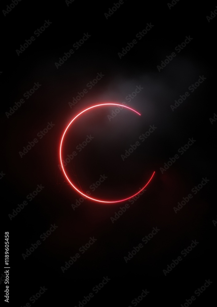 Poster photograph of a bright red line in the shape of a crescent moon. the line is curved and appears to b