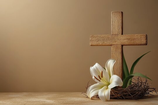Wooden cross, crown of thorns, and blossom lilies on a table with a colored background, leaving space for text