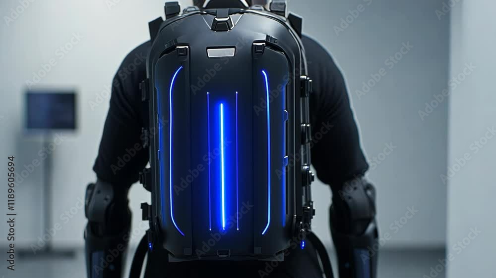 Poster innovative technology display featuring a high-tech backpack with glowing elements and robotic arm a