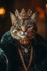 portrait of a cat, high fashion Style, stylish clothes and luxury necklace of jeweleries, wearing a crown