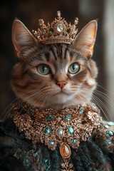 portrait of a cat, high fashion Style, stylish clothes and luxury necklace of jeweleries, wearing a crown