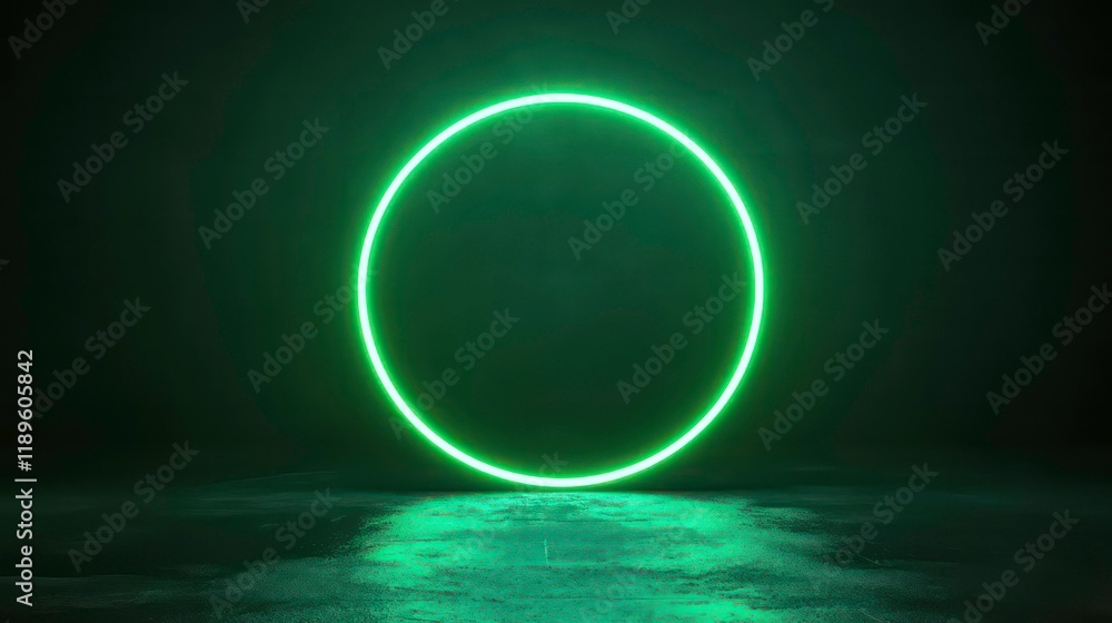 Poster glowing green neon circle on dark background with reflection.