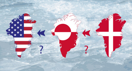 Greenland map with Denmark, Greenland and USA flag. Political concept. Ice background.  © Nataliia