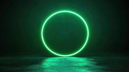 Glowing green neon circle on dark background with reflection.
