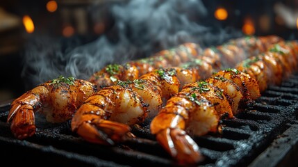 Close-up of grilled shrimp skewers steaming on a grill.
