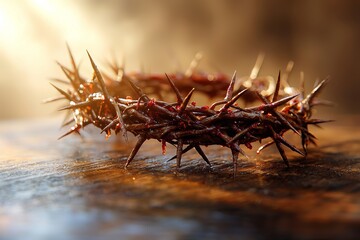 Jesus Crowned with Thorns and Nails on an Old and Grungy Wood Background. Vintage Retro Style. Space Available for Text