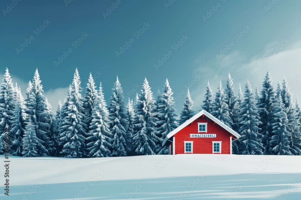 Poster a red cabin sits in a snowy field with pine trees in the background