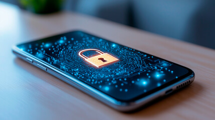 A smartphone on a table with a padlock symbol glowing on the screen.