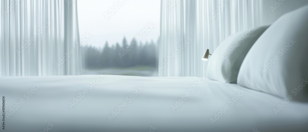 Poster Close-up of a bed with white sheets and two white pillows. the bed is in front of a large window with sheer white curtains. the window is open, letting in a view of a forest outside.