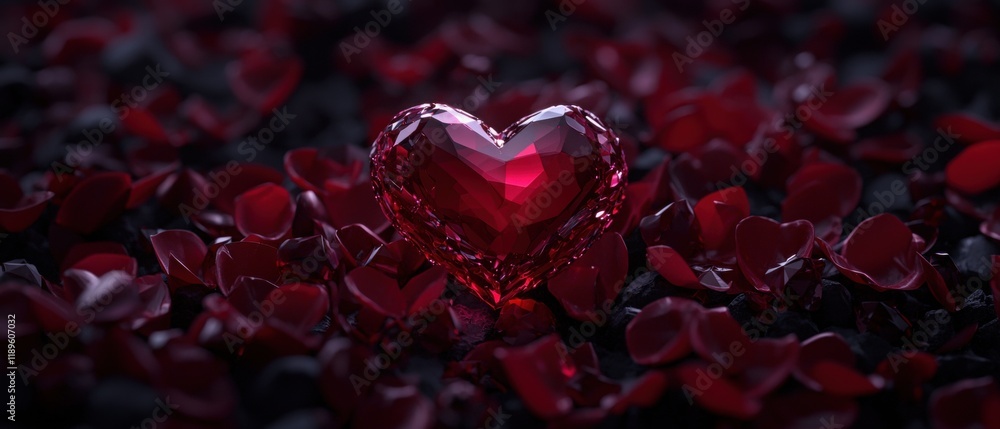 Poster close-up of a heart-shaped crystal in the center. the crystal is a deep red color and appears to be 