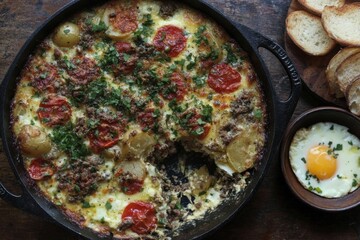 Savory potato and meat bake, topped with cheese and herbs. A delicious and hearty meal.