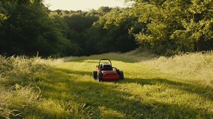Red lawnmower cutting grass in a sunny field, surrounded by lush green trees.