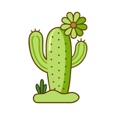 Cute cartoon cactus with flower icon in flat style
