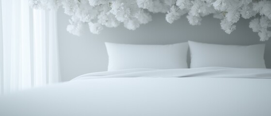 Bedroom with a white bed in the center. the bed has two white pillows and a white comforter. above the bed, there is a canopy of white flowers hanging from the ceiling.