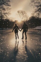 Obraz premium Silhouetted couple ice skating at sunset, holding hands