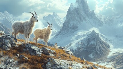 Two majestic mountain goats on rocky peak overlooking snow-capped mountains.