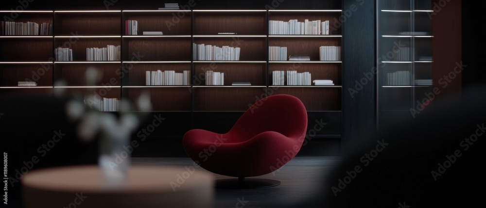 Poster modern living room with a large bookshelf in the background. the shelves are filled with books of di