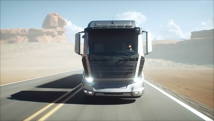Generic 3d model of gasoline truck very fast driving on desert highway. Gas, oil concept. 3d rendering.