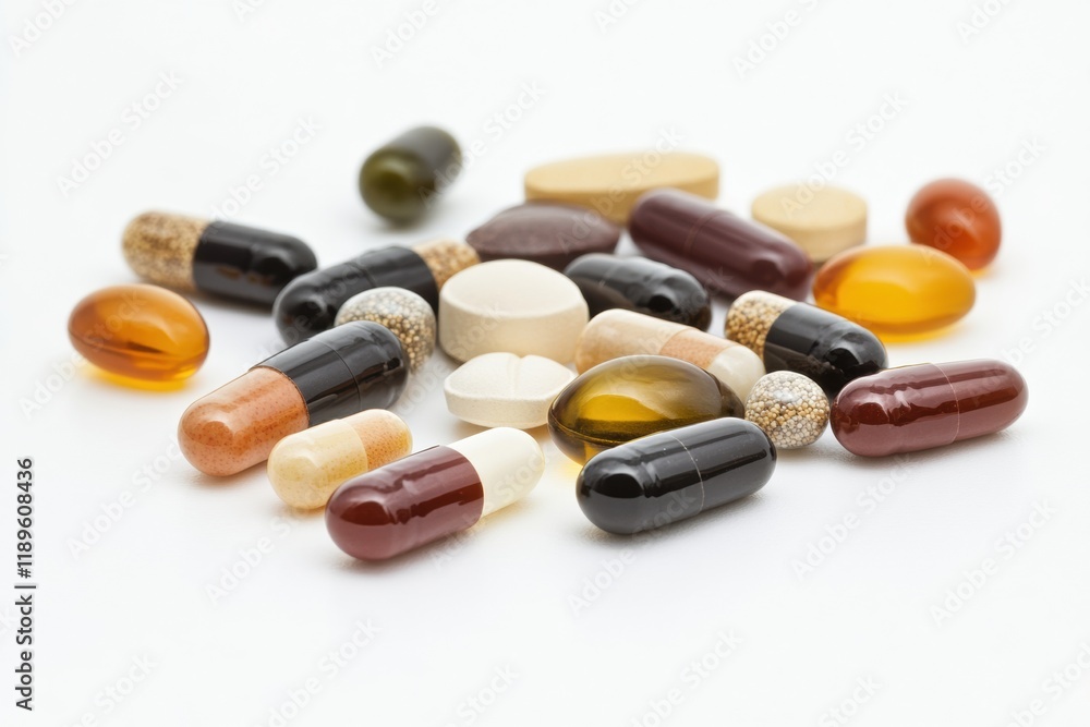 Aufkleber colorful assortment of pills and capsules arranged on a neutral background for health and wellness d