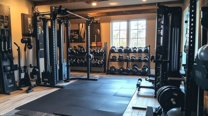 Fototapeta premium Home gym with power rack, weights, and flooring.