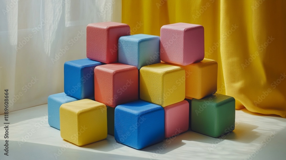 Poster colorful building blocks arranged creatively near a window with soft natural light