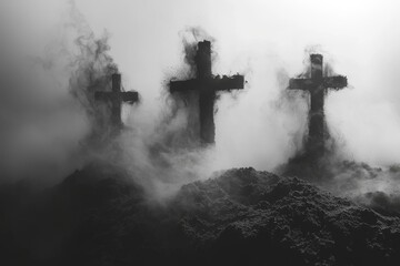 Fototapeta premium Golgotha hill adorned with three crosses and a depiction of Jesus's Calvary in ash or dust, symbolizing Ash Wednesday, Lent, Easter, or Good Friday within the context of the Way of the Cross