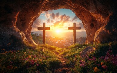 Resurrection Concept - An Empty Tomb Surrounded By Three Crosses On A Hill At Sunrise