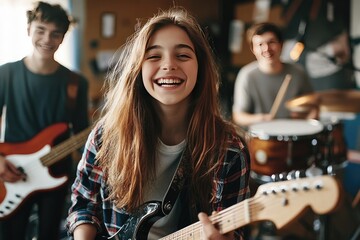 A young band of teens practicing guitar and drums in a garage, smiling and having fun