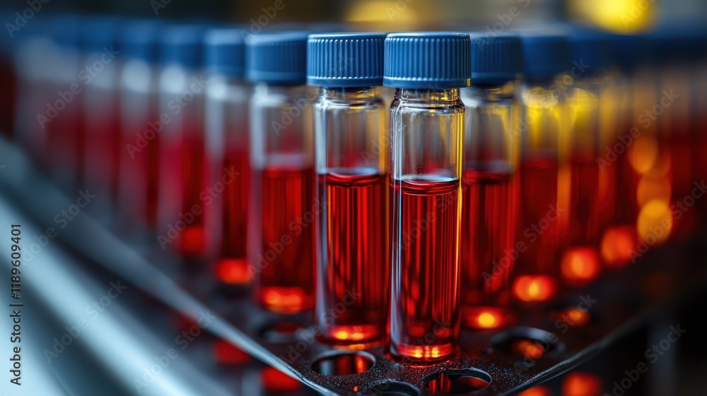 Poster close-up of multiple glass test tubes with red liquid samples in a laboratory rack.