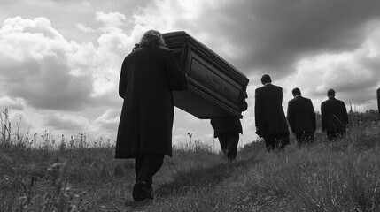 Pallbearers carry a coffin uphill to a burial site under a cloudy sky.
