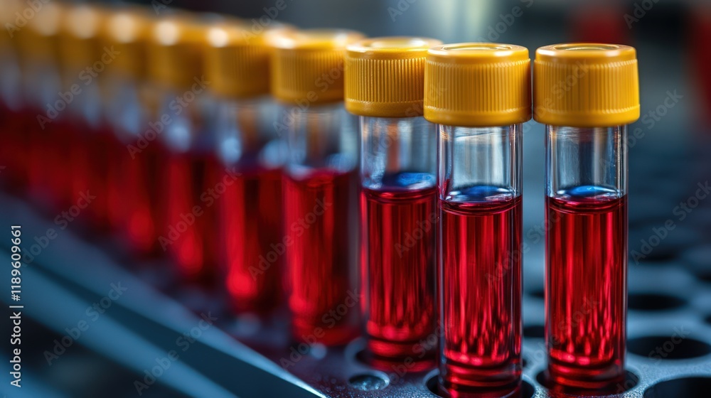 Poster close-up of multiple test tubes with red liquid samples in a rack.