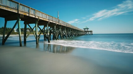 Obraz premium Long wooden pier extending over calm ocean, reflecting on sandy beach under sunny sky.