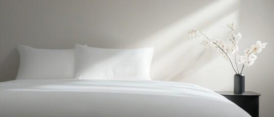 Modern bedroom with a white bed in the center. the bed has a neatly made bed with white sheets and two white pillows.